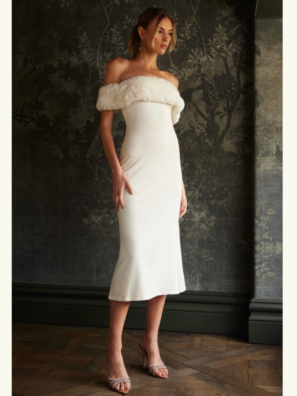 Meshki Ivory One-Shoulder Midi Dress with Faux Fur Trim